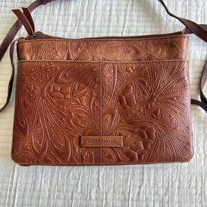 Lucky Brand Tooled Leather Crossbody Bag Floral Embossed Western Boho Purse